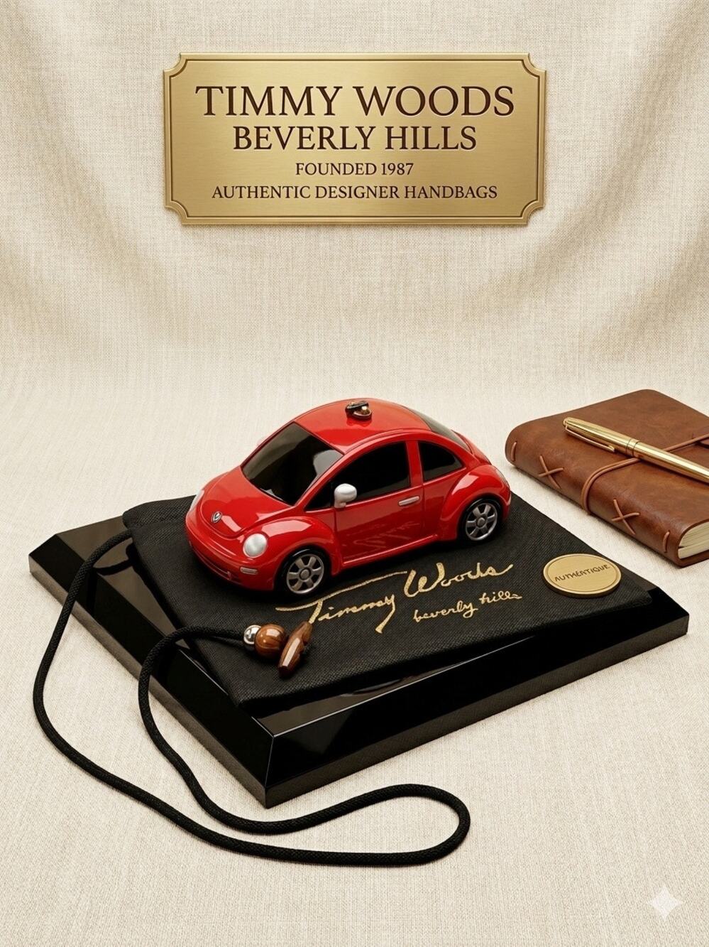 Rare Timmy Woods Beverly Hills Red VW Beetle Lacquered Wood Purse